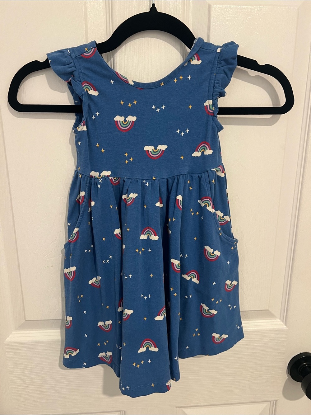 Girls’ Hanna Andersson Blue Rainbow & Cloud Flutter Sleeve Dress - Size 4